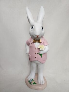 White Bunny Figurine in Pink Jacket with Gold Bow Tie 18"x6"